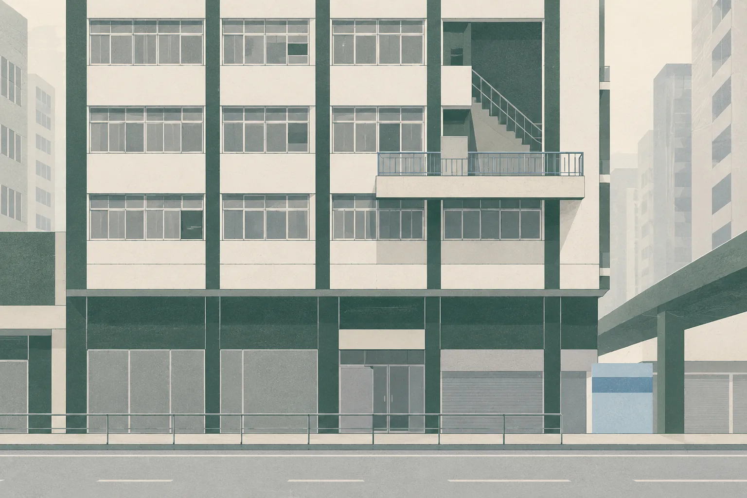 A subdued cut-paper illustration of a generic multi-storey urban building facade with an elevated platform, simplified windows, a closed boundary and an interrupted vertical grid, using mineral blue, grey and muted ochre accents.