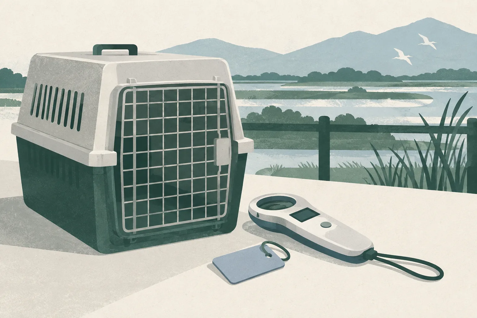 A quiet cut-paper still life showing an empty closed animal kennel, a handheld microchip scanner, an unlettered observation tag, and abstract wetland-edge shapes.