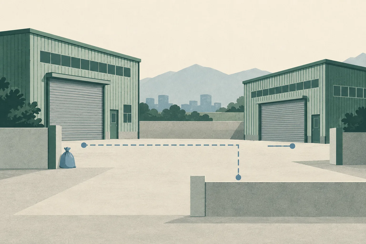 A flat cut-paper illustration shows two anonymous closed warehouse buildings separated by a wide gap, linked by an interrupted line, with a small plain bag near one boundary and muted blue industrial forms against an open background.