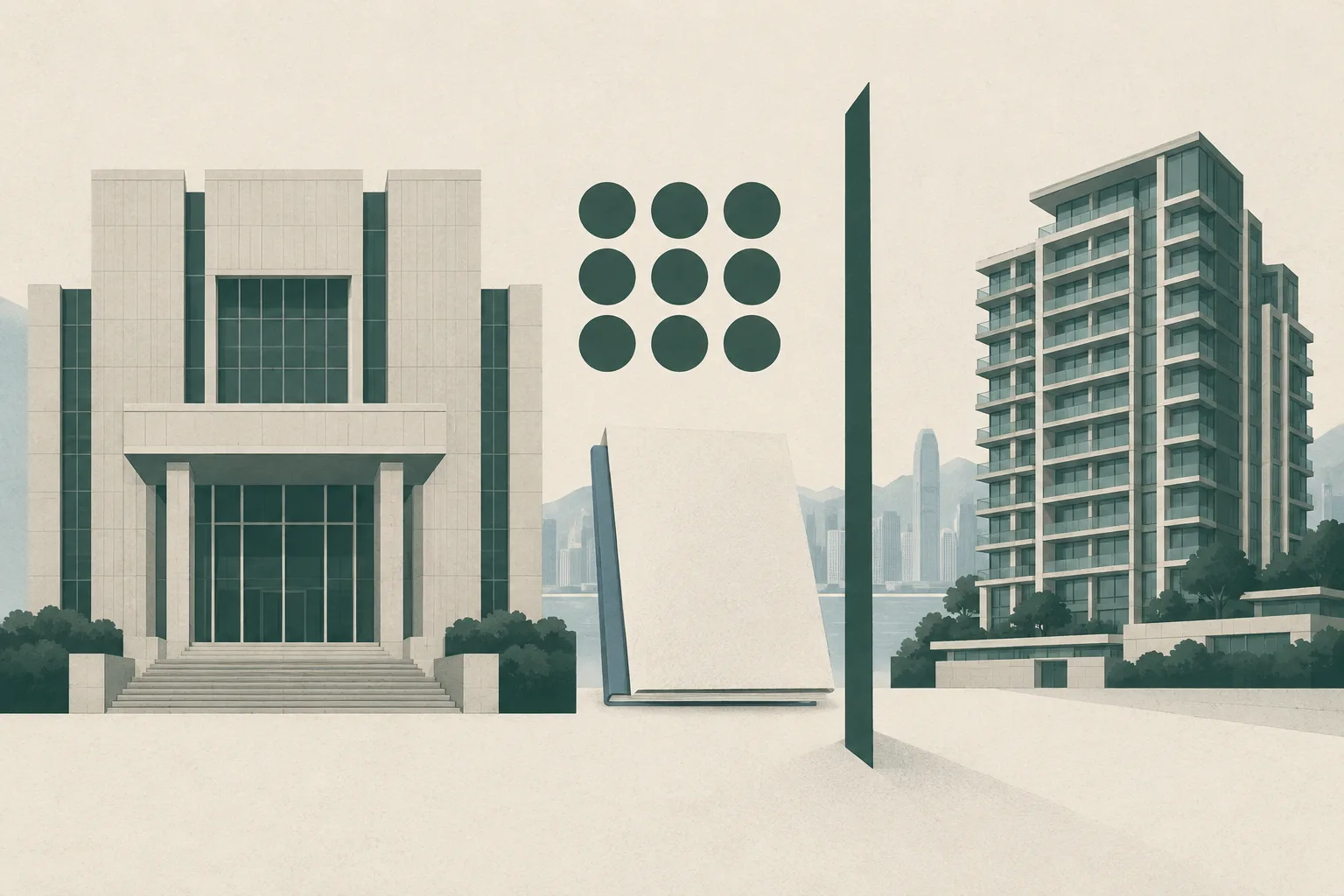 A quiet cut-paper illustration shows a simplified Hong Kong courthouse beside an abstract apartment building, separated by a thin boundary line, with a nine-cell jury grid and a closed court document.