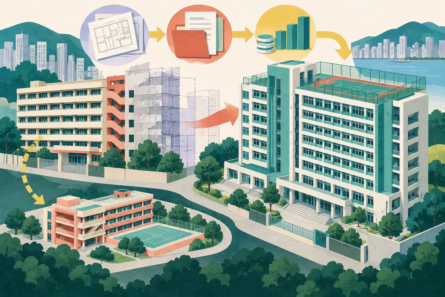 A cut-paper illustration of a nine-storey school redevelopment shown as layered architectural forms, with a smaller temporary campus and connected abstract planning and funding shapes beside it.