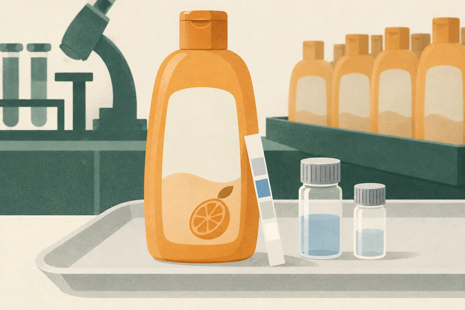 A generic orange-tinted baby shampoo bottle rests on an inspection tray beside two laboratory sample vials and an interrupted blank label, with a subdued group of matching bottles in the background.