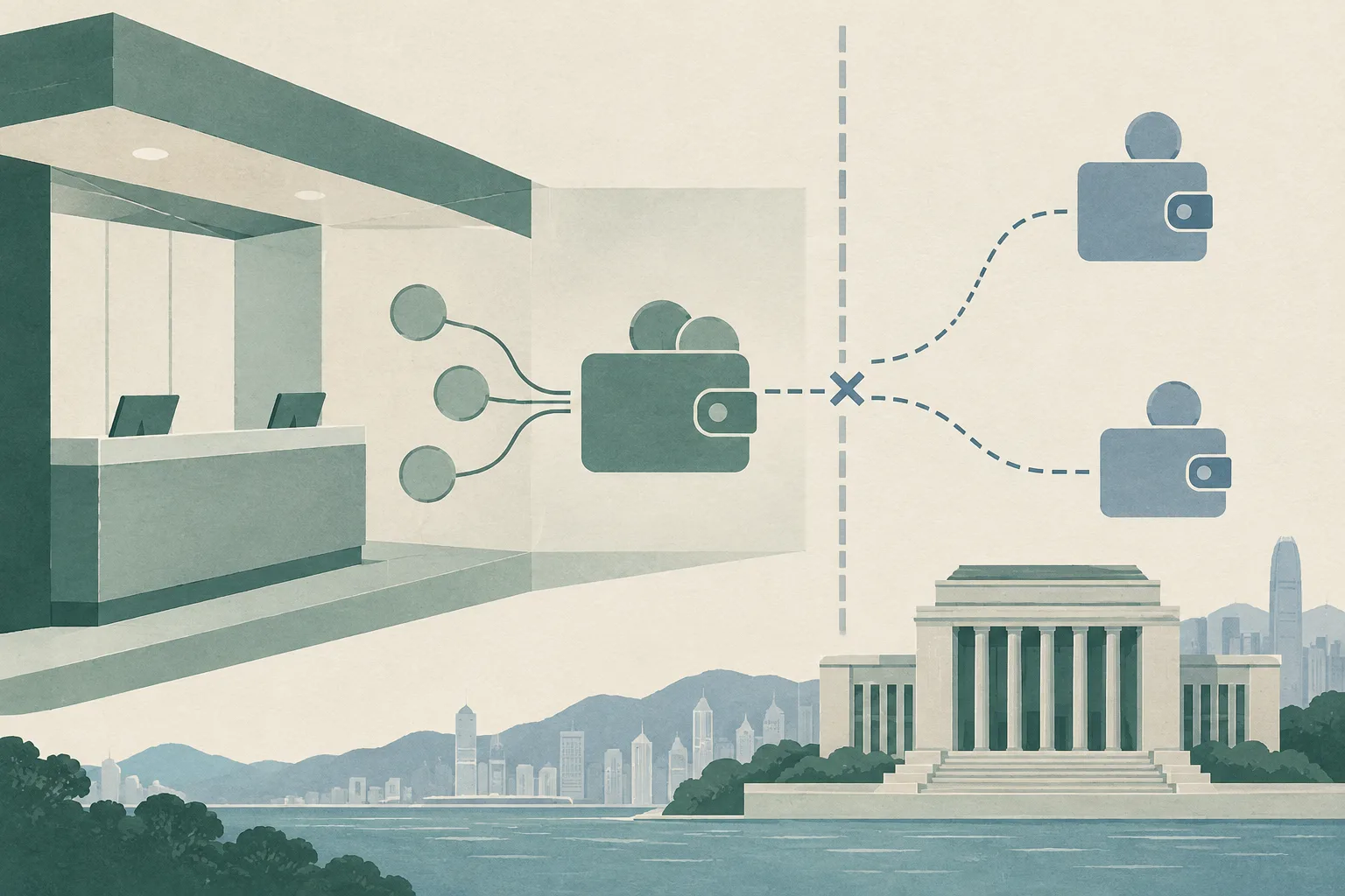 A quiet cut-paper diagram shows a simplified cryptocurrency exchange block, a central wallet node, two external wallet nodes beyond an interrupted boundary, and a neutral civic court block.