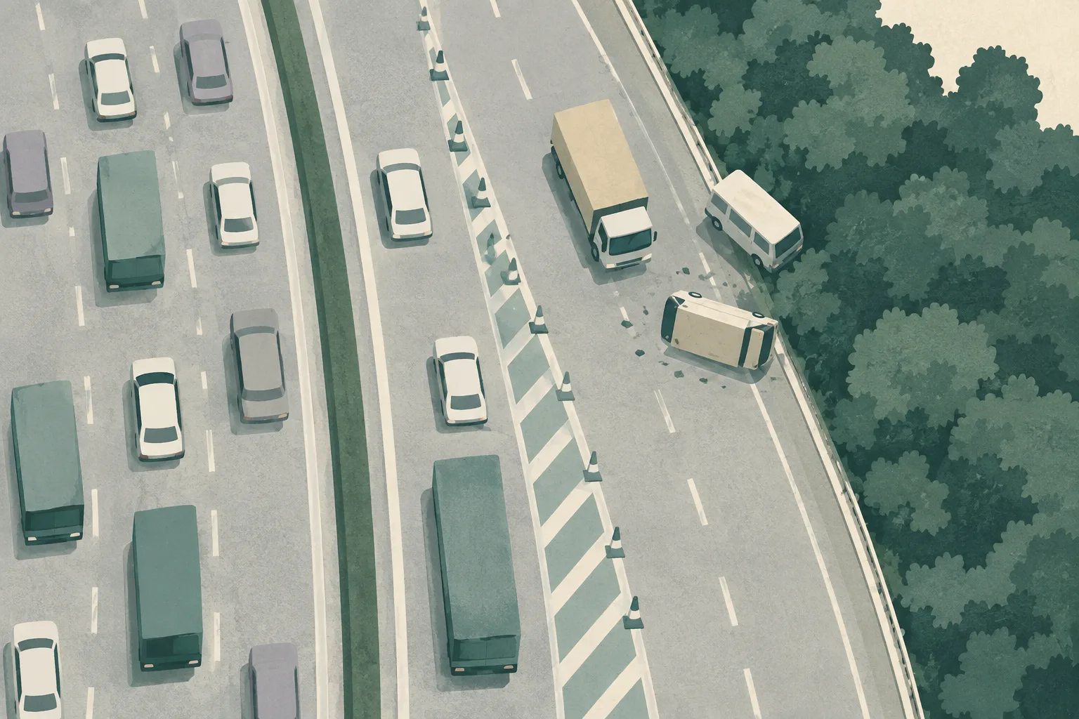 Top-down editorial illustration of a divided road with three simplified vehicle shapes, one overturned beside roadside vegetation, scattered debris, closed lanes and redirected traffic flowing through a congested section.