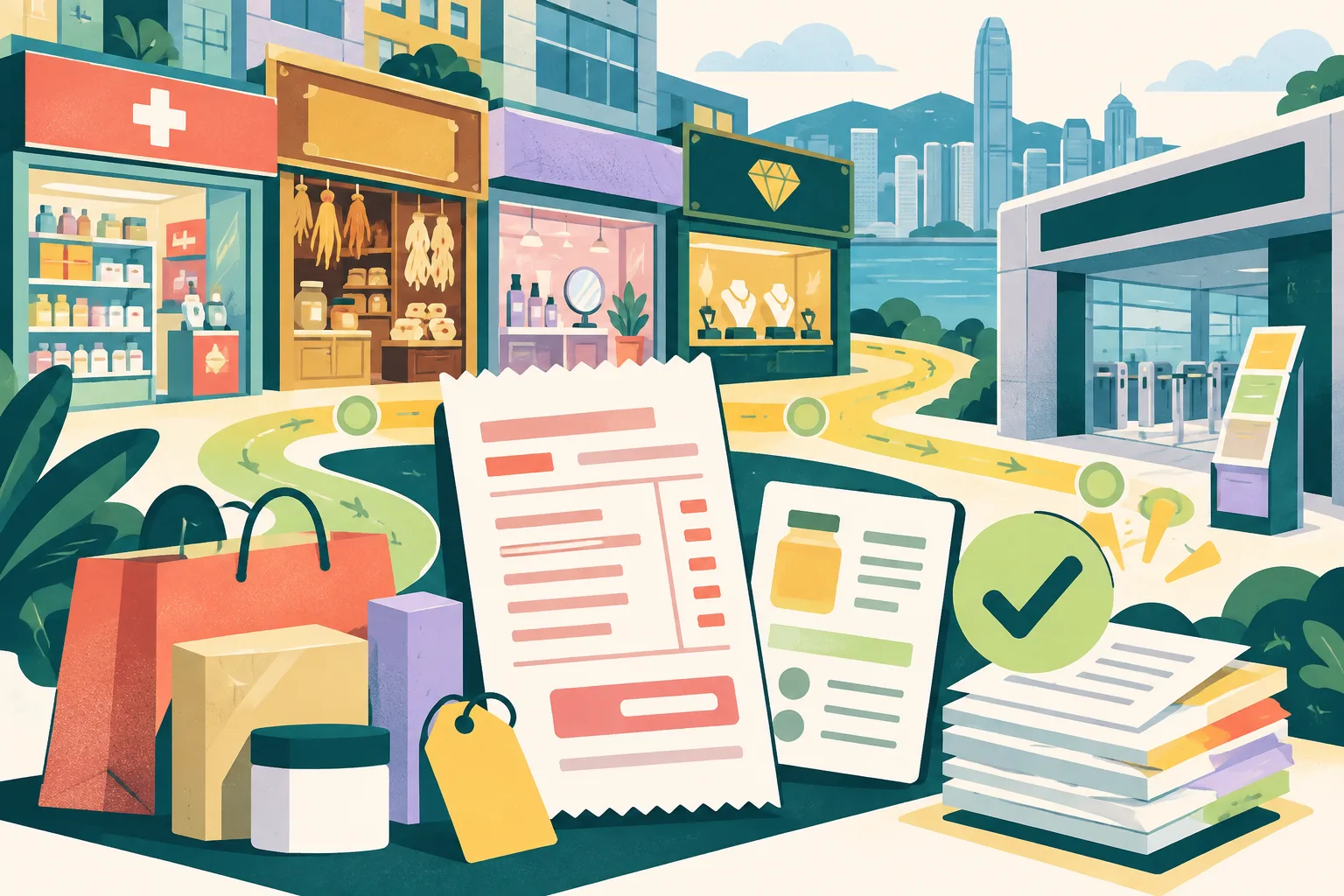 A colorful cut-paper collage of simplified shopping-front buildings, a land-port gateway, a blank receipt, price and specification cards, and a geometric inspection route.