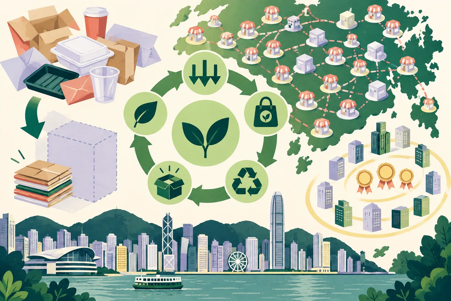 Top-down cut-paper diagram of packaging shapes becoming smaller and more reusable, connected by a circular loop with five assessment sections and grouped markers for participating companies and retail outlets.