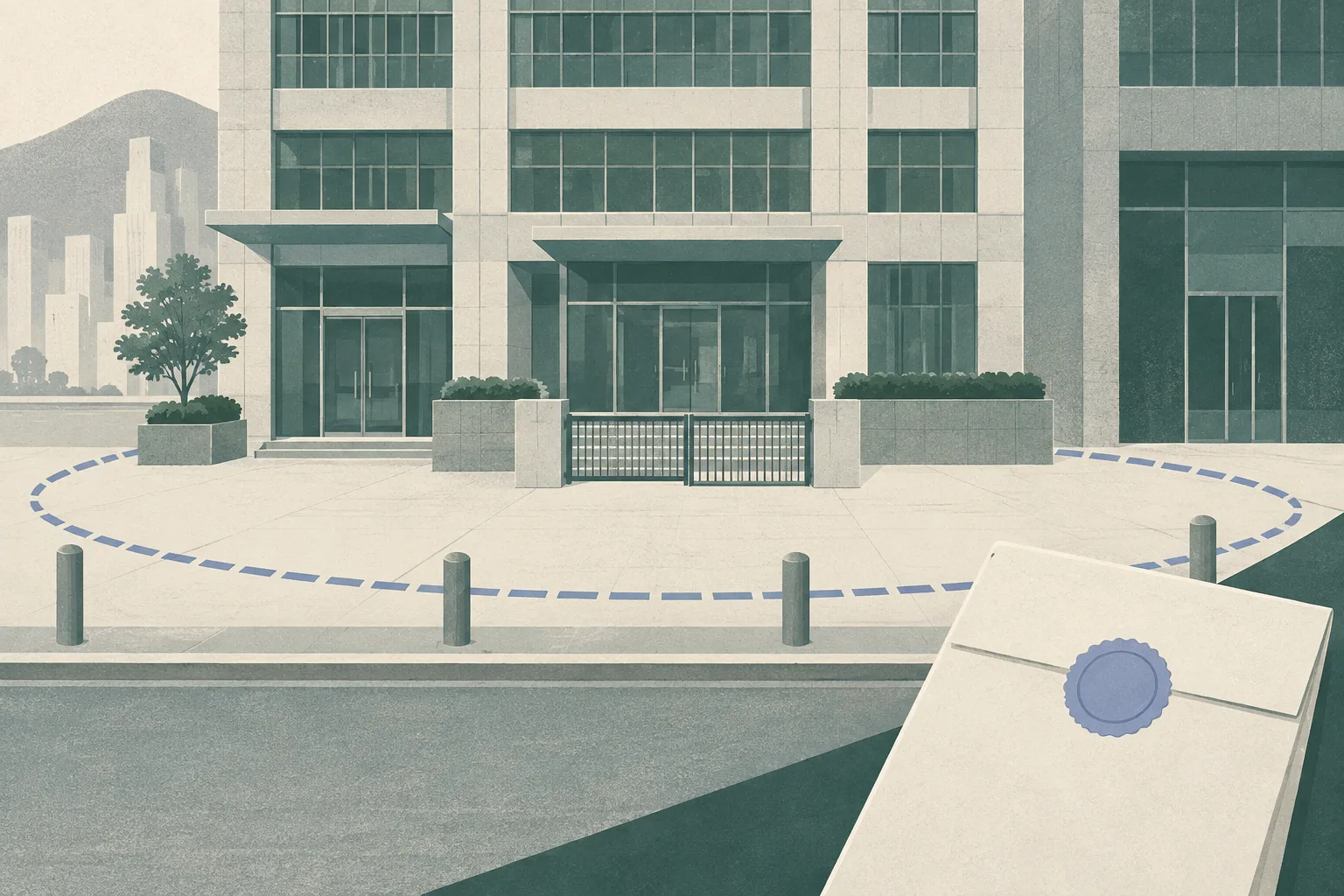 A simplified office facade with a closed access point, a geometric exclusion boundary around the entrances, and a sealed court-order folder in the foreground.