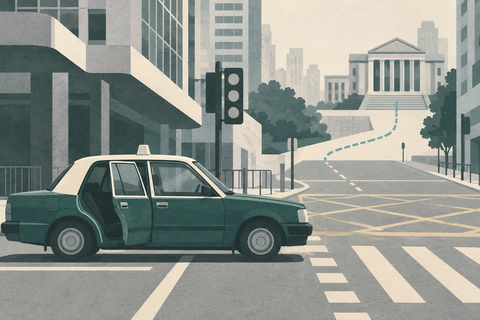 A text-free cut-paper illustration shows an empty taxi with its left rear door slightly open beside a simplified urban road junction, while a distant civic building is connected by a thin route line.