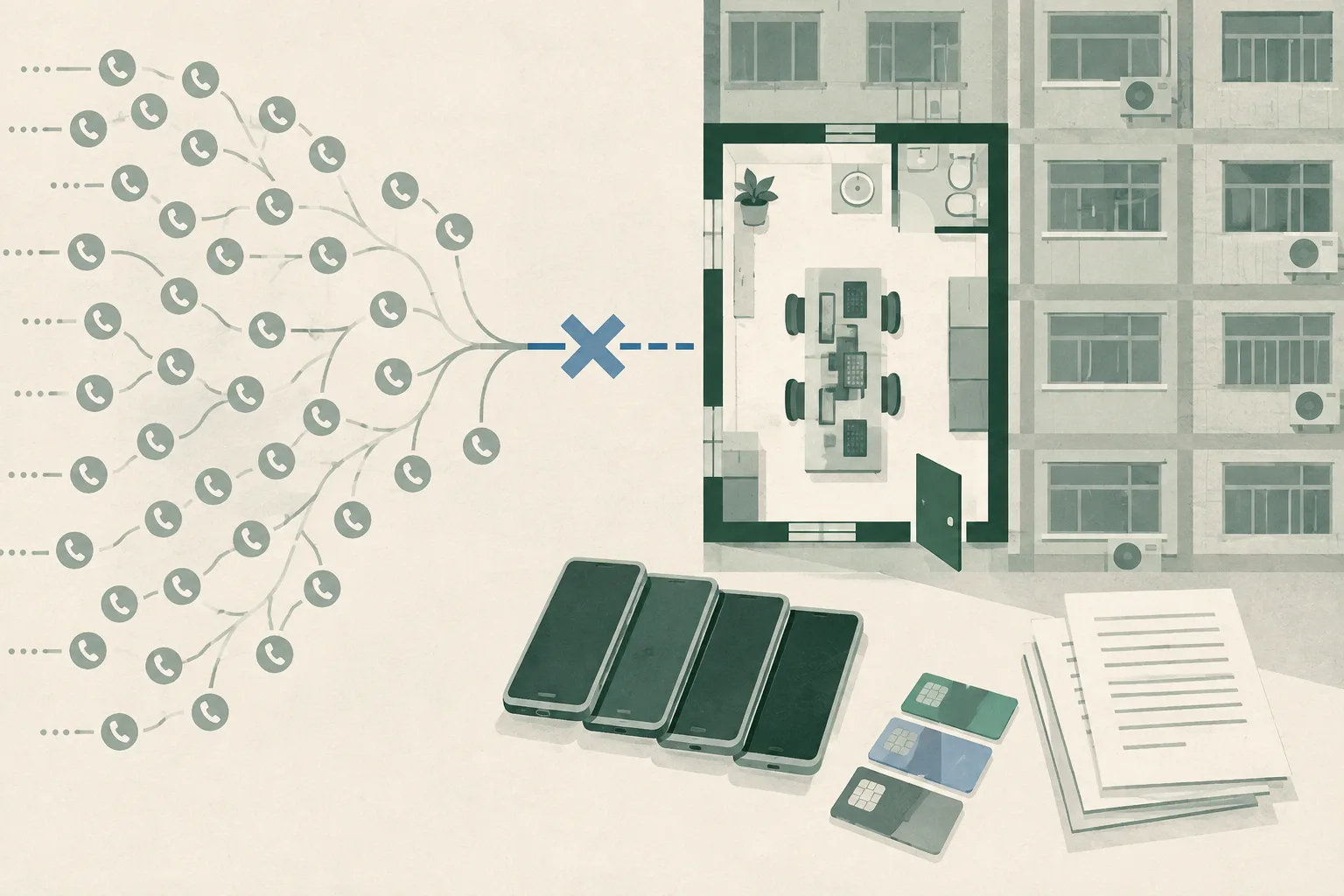 A simplified apartment-unit diagram with several generic mobile phones, telephone cards and blank script sheets connected by branching lines that stop at a clear boundary.