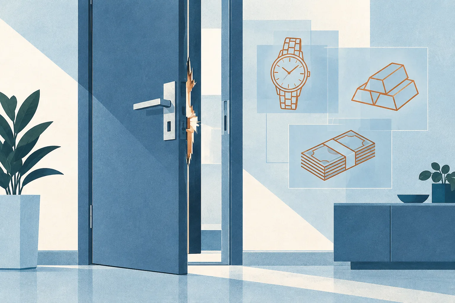 A generic apartment doorway formed from pale architectural planes, with one panel slightly offset and small empty geometric outlines nearby.