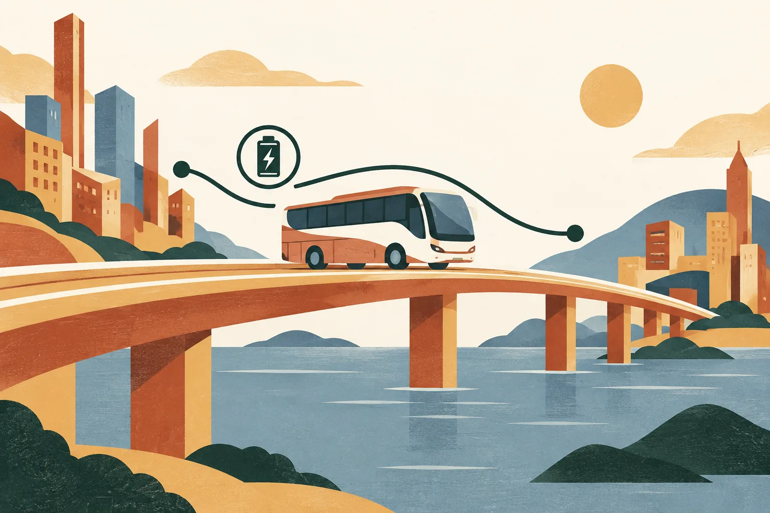 A simplified electric coach moves along an abstract bridge-like route between two clusters of generic city shapes, with a small battery symbol nearby.