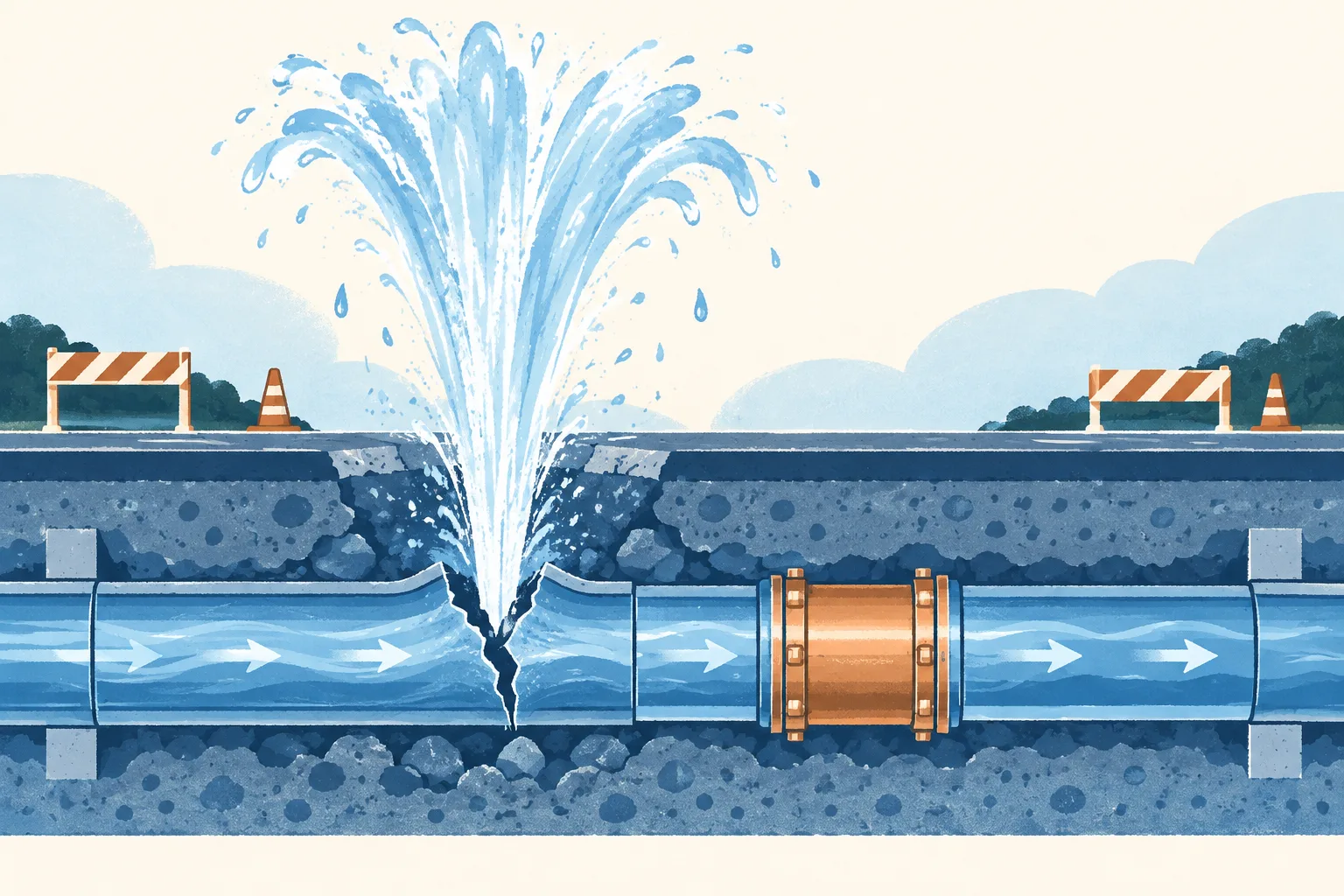 A simplified cutaway shows a blue pipe beneath a pale road plane, with a curved stream of water rising above it and neat flow lines continuing through the pipe.