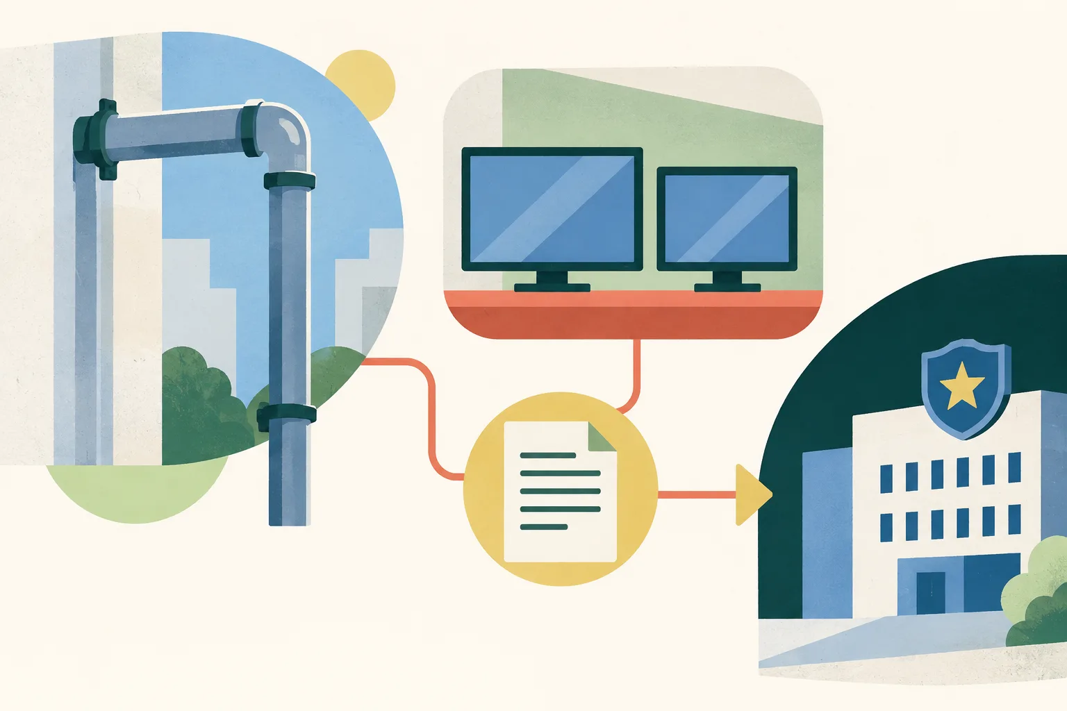 An abstract diagram on a light background shows an intact pipe outline and two simple monitor shapes in separate panels, linked by a fine line.