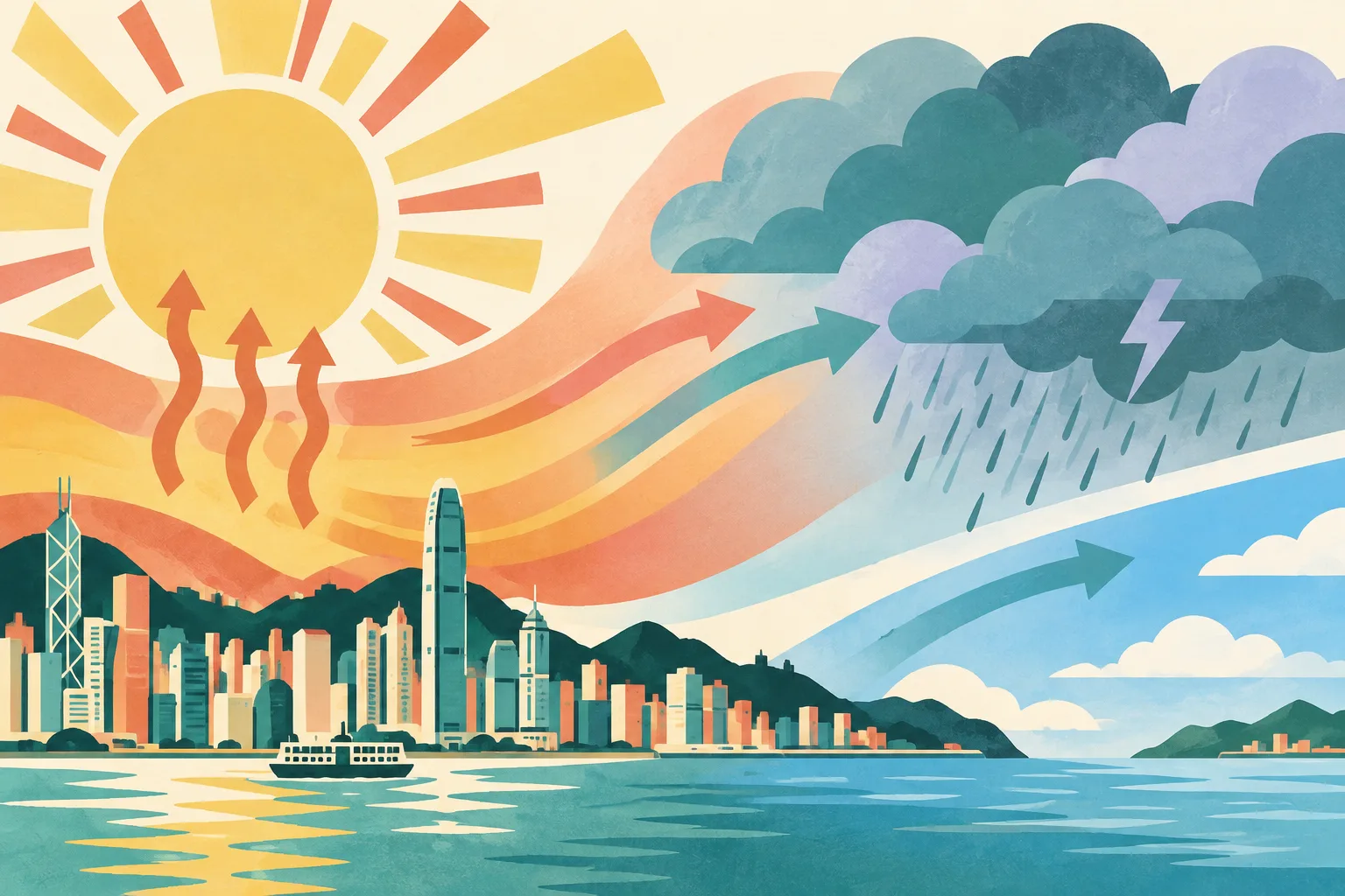 A cut-paper style weather diagram shows a warm sun and radiating ultraviolet rays over broad city-like blocks, shifting through clouds and light rain toward a cooler blue band.