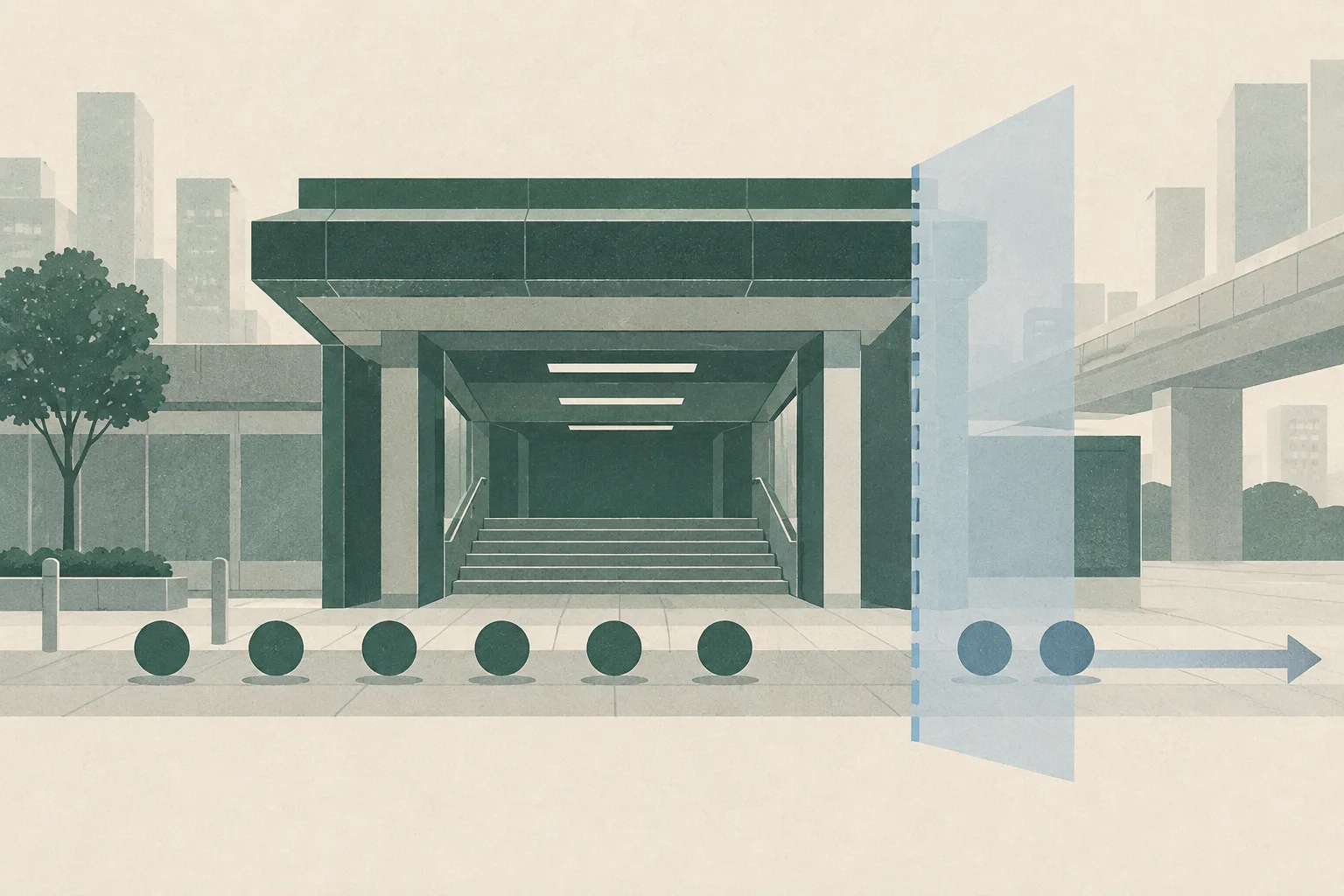 A simplified station entrance in flat architectural collage, interrupted by a translucent boundary with eight abstract markers, six on one side and two on the other, using restrained blue, teal and ochre shapes.