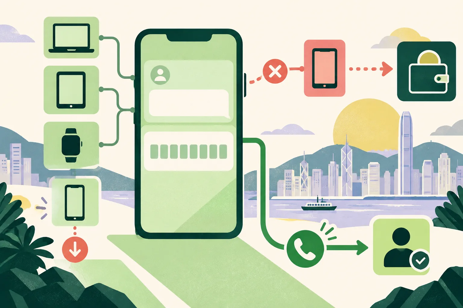 A flat graphic diagram of a smartphone account with a broken link to a second device, eight code blocks, a detached digital wallet tile, and a separate phone-call route leading to a verified contact.