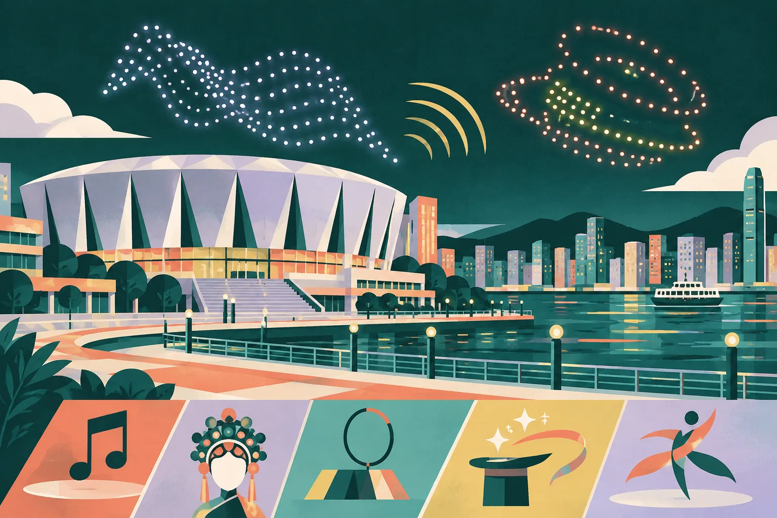 Flat graphic illustration of the Hong Kong Coliseum beside a simplified Hung Hom waterfront, with two geometric drone formations above the promenade and broadcast wave bands connecting the evening cultural programme.