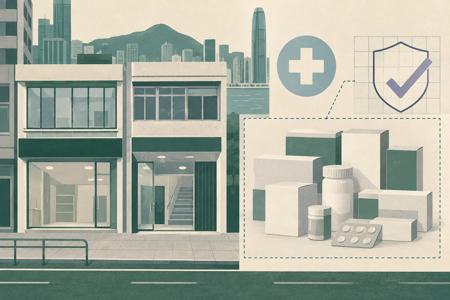 Flat cut-paper collage of two neutral Hong Kong urban premises beside a separated grid of unlabelled pharmaceutical cartons, connected by a restrained registration-check symbol and inspection boundary.