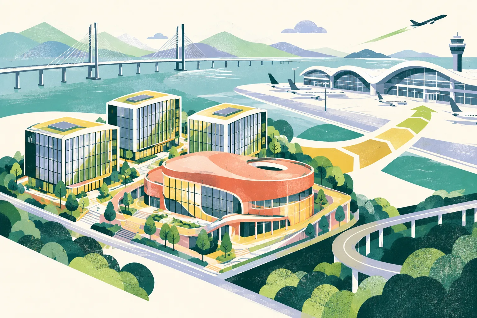 Cut-paper illustration of three office buildings and an entertainment hub being visually reorganised along a directional route beside an abstract airport terminal and bridge.