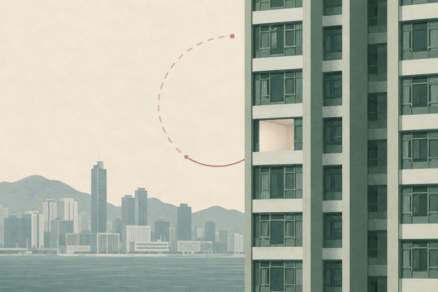 A simplified high-rise residential facade in Kowloon Bay with one blank window-like opening and an incomplete thin circular line beside it, rendered in muted blue, grey and beige cut-paper shapes.