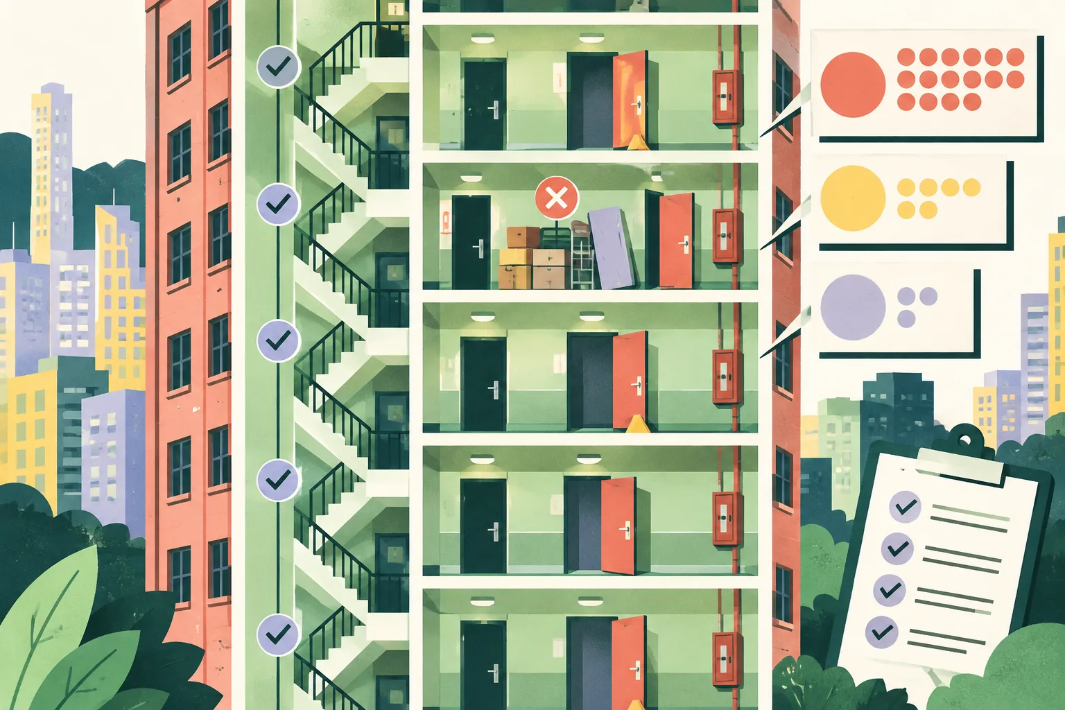 Cut-paper illustration of a generic high-rise building with simplified corridors, stairwells and fire-safety doors, including an obstructed escape route, inspection markers, and abstract numeric tiles for reported violations and enforcement actions.