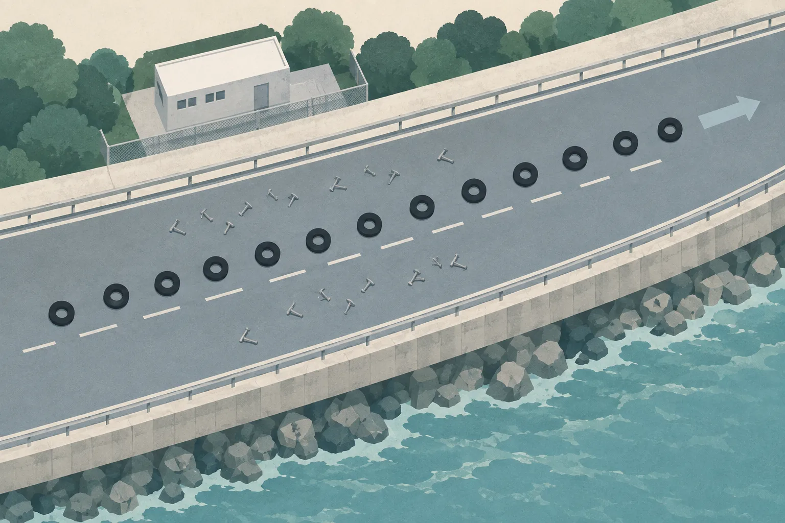 Top-down editorial diagram of a coastal road with twelve tyre-ring markers, sixteen small nail shapes, a broken route line, and a simple roadside testing-room block.