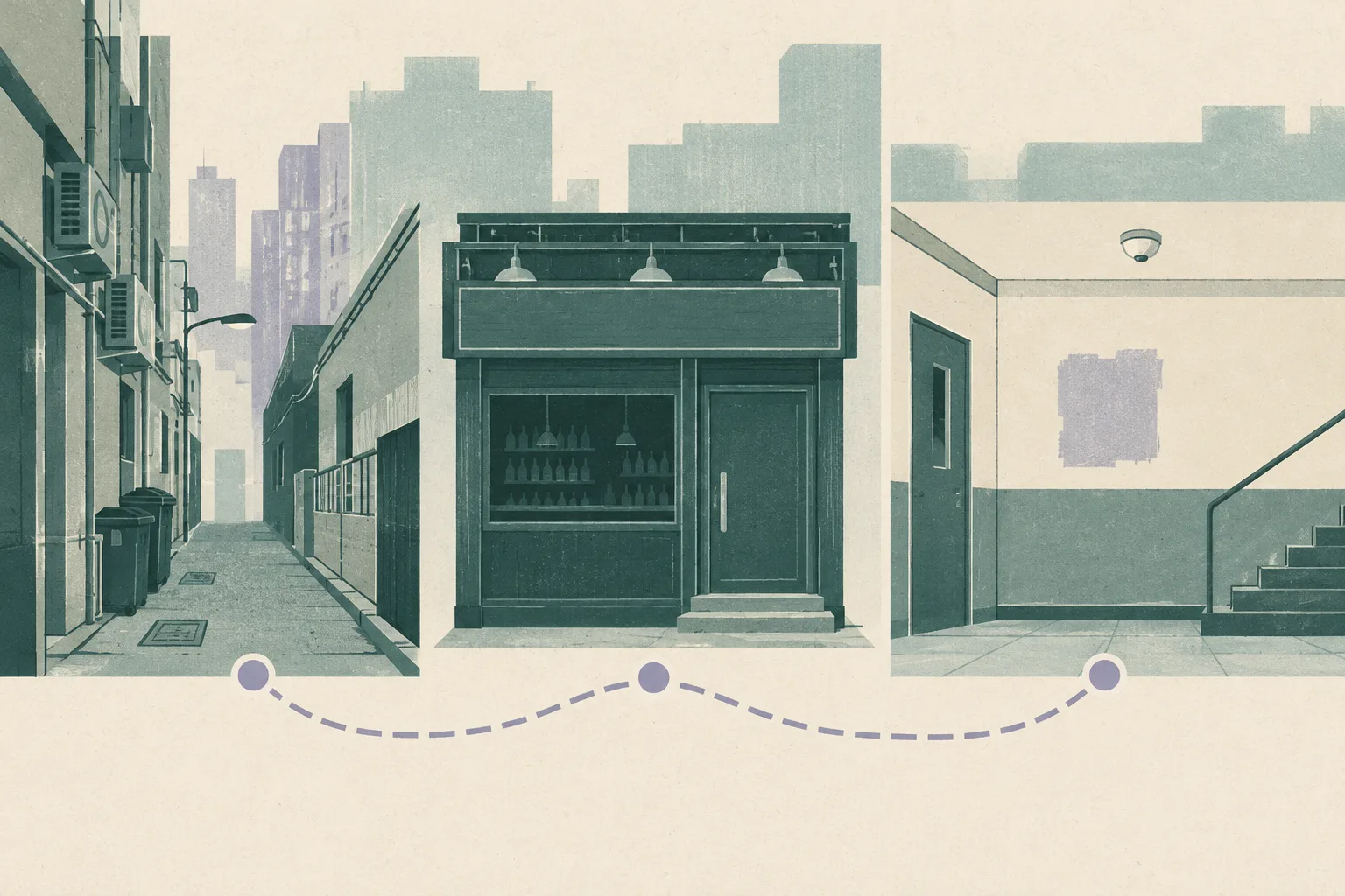 A flat cut-paper collage of a narrow city lane, a closed bar frontage, and a police-station wall with a repaired patch and ceiling smoke detector, linked by an interrupted route line in muted blue, teal, ochre and lavender.