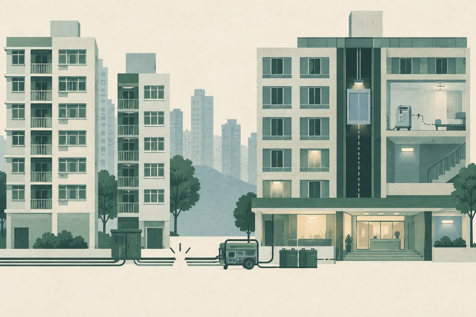 Flat cut-paper illustration of residential and hotel buildings with an interrupted utility line, a portable generator, battery unit, lift shaft, emergency lights and an unoccupied oxygen machine inside one room.