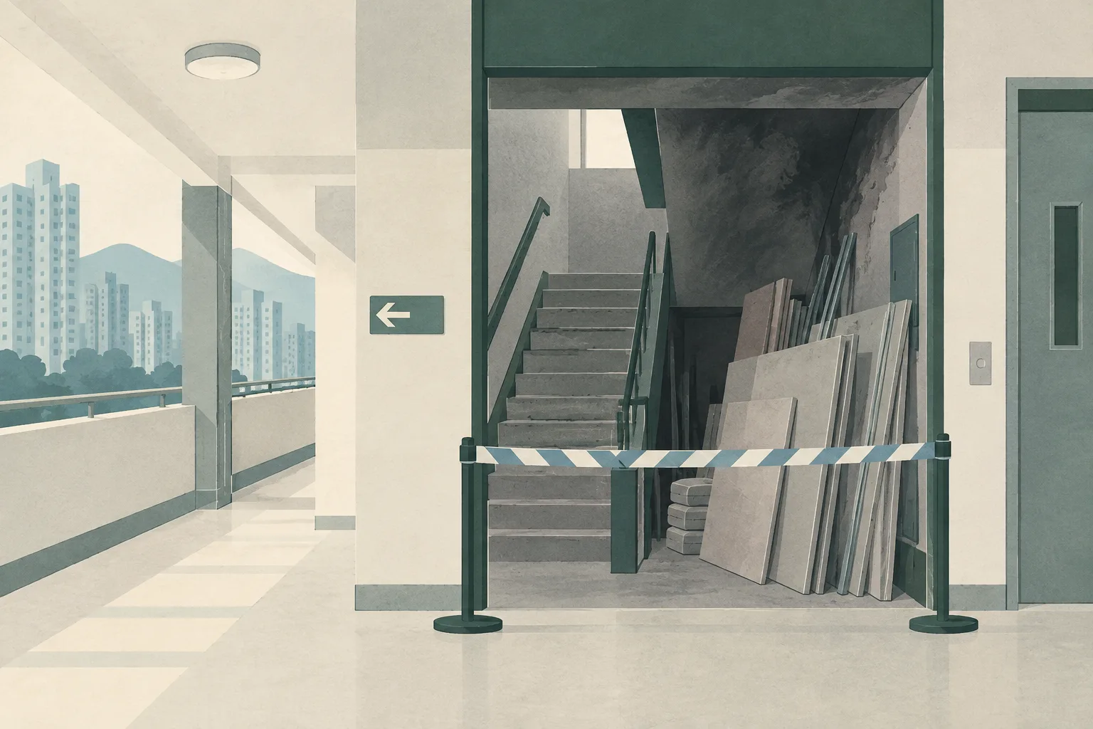 Flat cut-paper illustration of a residential stairwell with stacked renovation boards, a darkened fire-affected opening, a simple boundary line, and an empty route leading toward the building entrance.