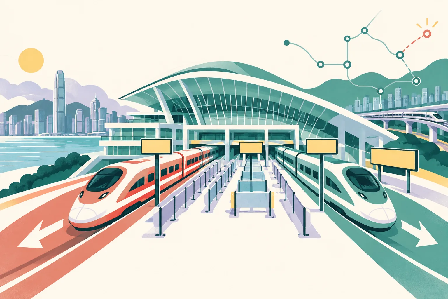 A cut-paper illustration of a modern high-speed rail station with two-way rail bands, orderly queue lanes, blank wayfinding signs and connected transport-monitoring nodes.