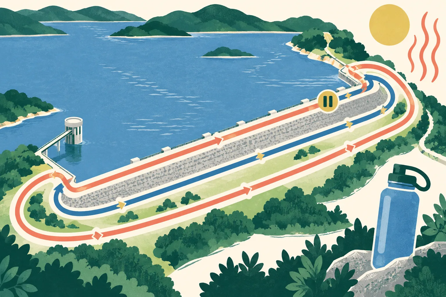Top-down cut-paper illustration of a reservoir dam beside two abstract race routes, one marked by a neutral pause symbol, with a water bottle, sun disc and heat-wave lines suggesting outdoor heat and hydration guidance.