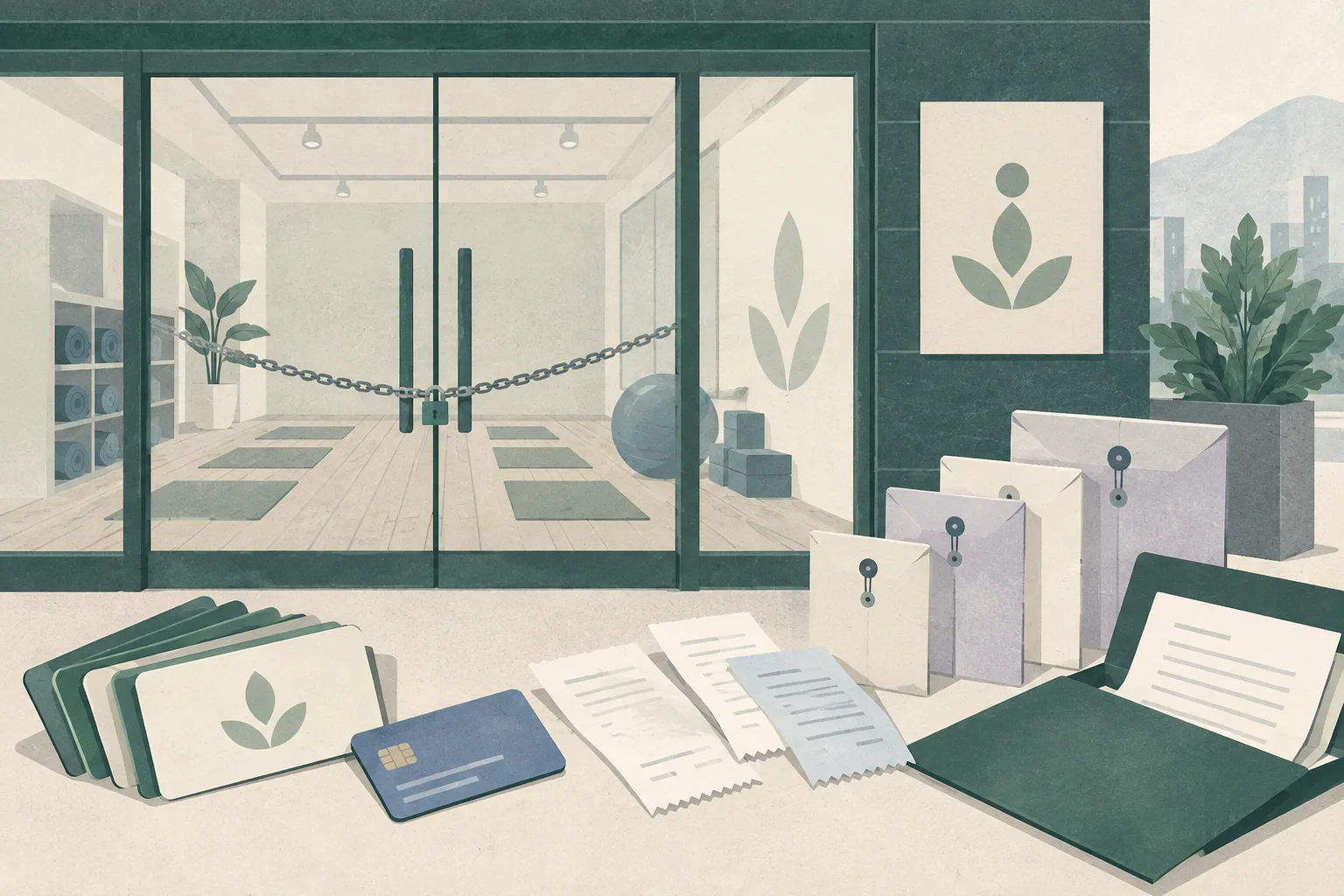 Flat cut-paper illustration of a closed fitness studio entrance with empty mats inside, unused class cards and payment receipts arranged beside the doorway, and a few document envelopes suggesting consumer reports and an ongoing review.