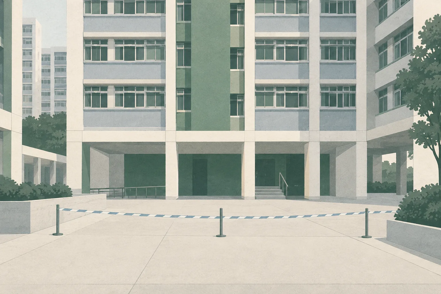 A subdued cut-paper illustration of a modular public housing block beside an empty paved area, with a restrained interrupted line suggesting an unresolved investigation.