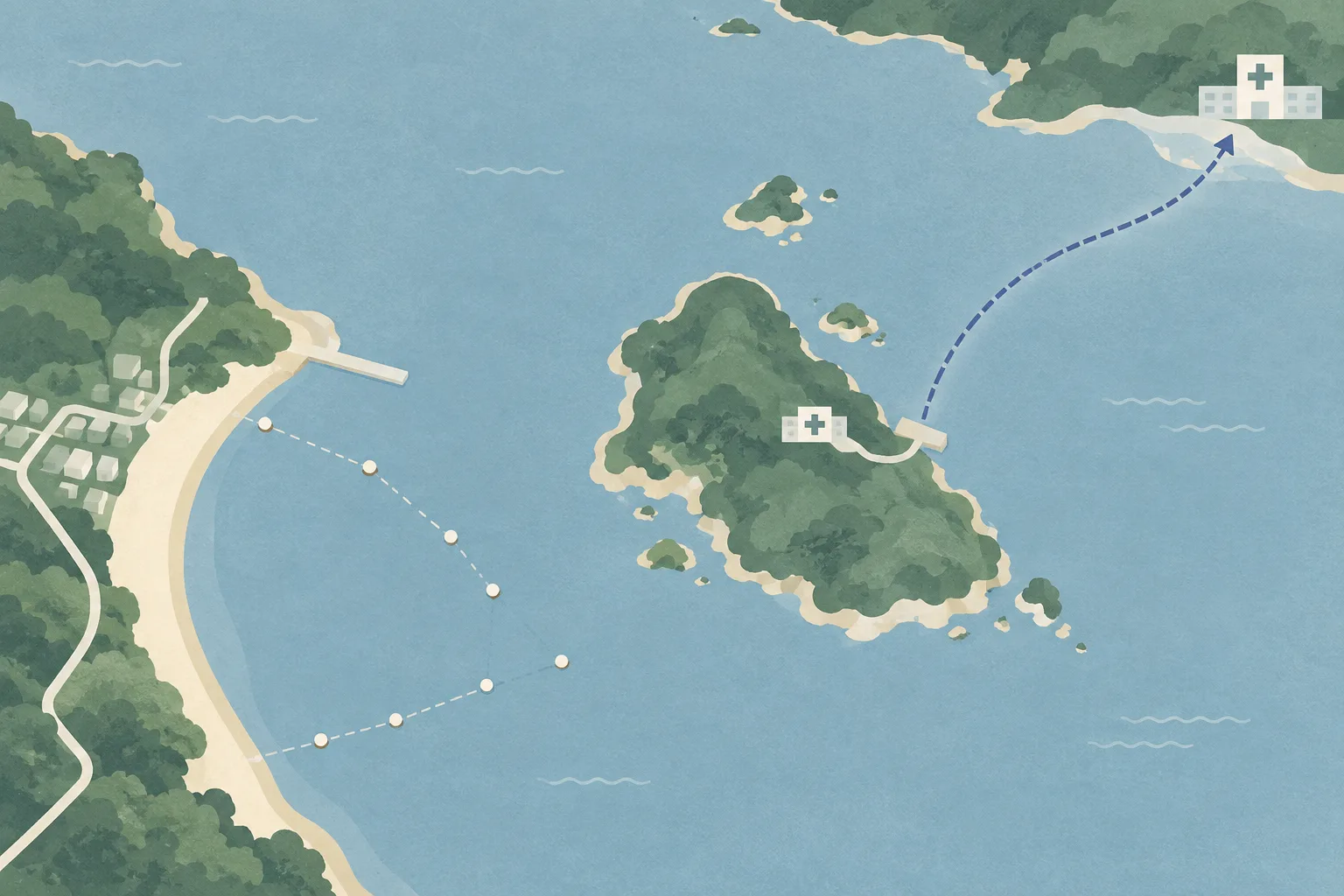Top-down cut-paper diagram of a quiet island shoreline with a broken line of race buoys, a small clinic block, and a thin transfer route leading toward a larger hospital block beyond the water.
