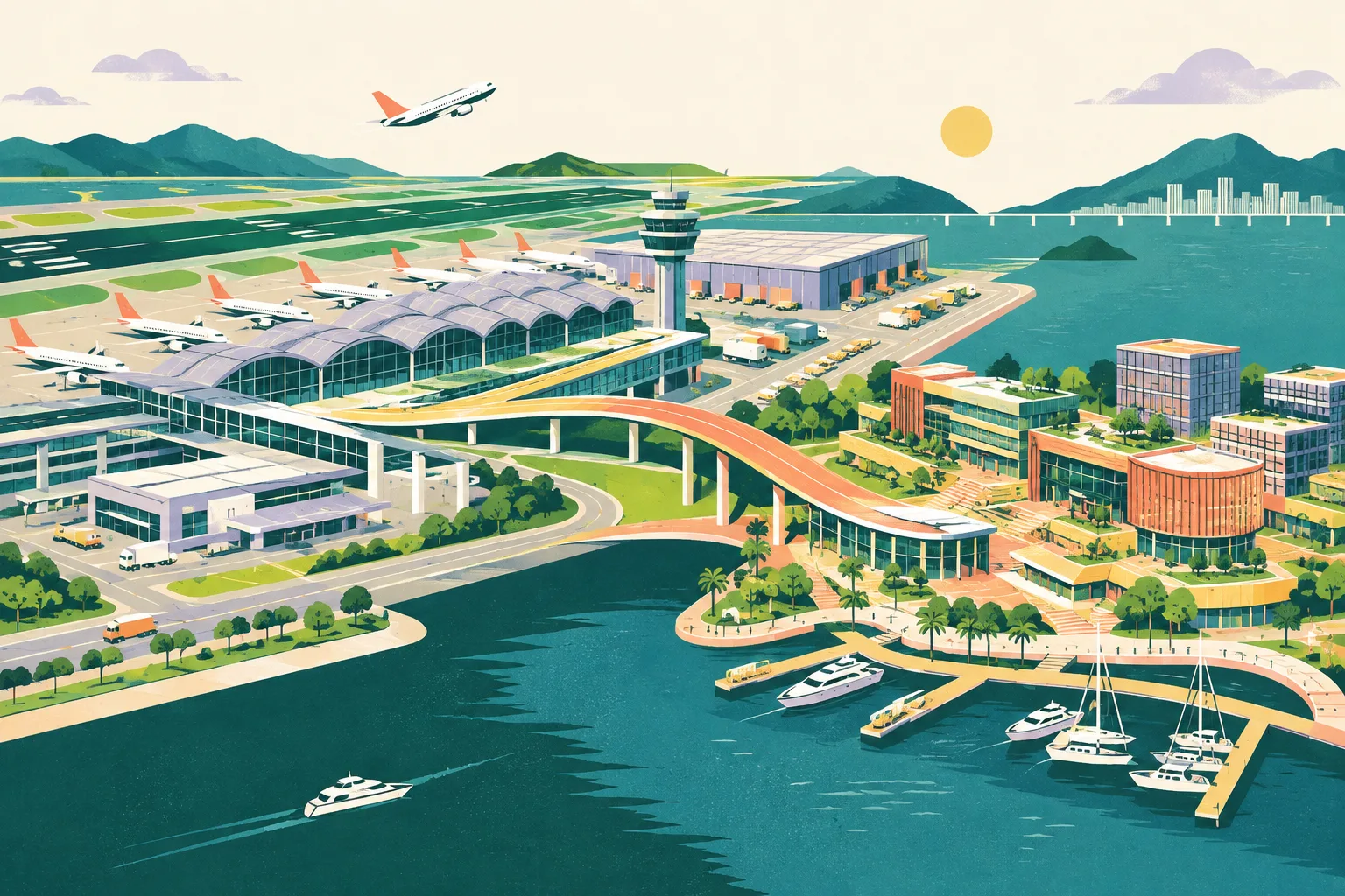 A cut-paper style airport collage shows a terminal, runway, cargo facilities and service lanes connected to a cluster of retail and development blocks beside a small yacht harbour. Two geometric bands organise the airport operations and commercial development areas.