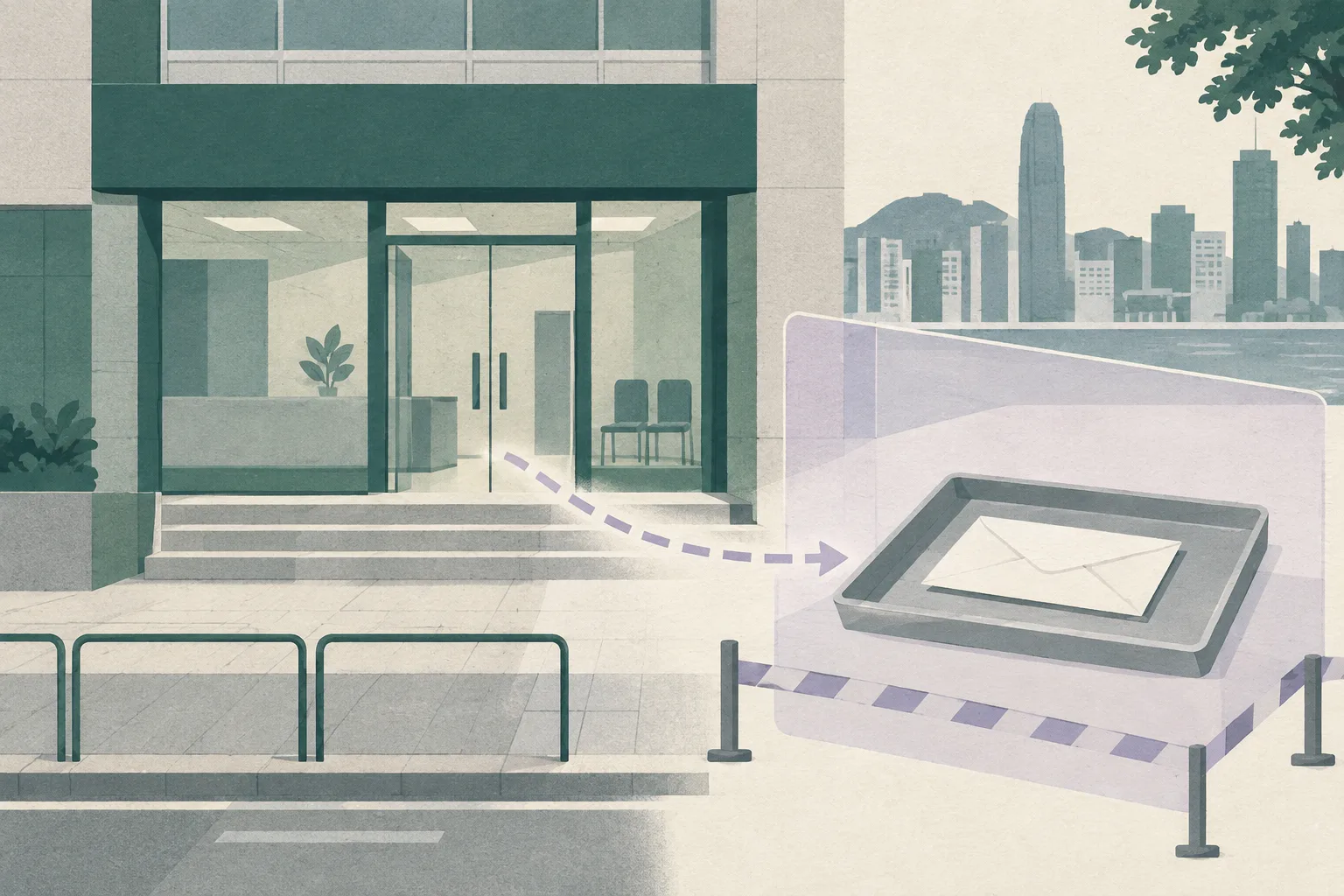A simplified Hong Kong office entrance with a plain sealed envelope isolated on an inspection tray behind a translucent boundary panel, rendered as a calm cut-paper collage.