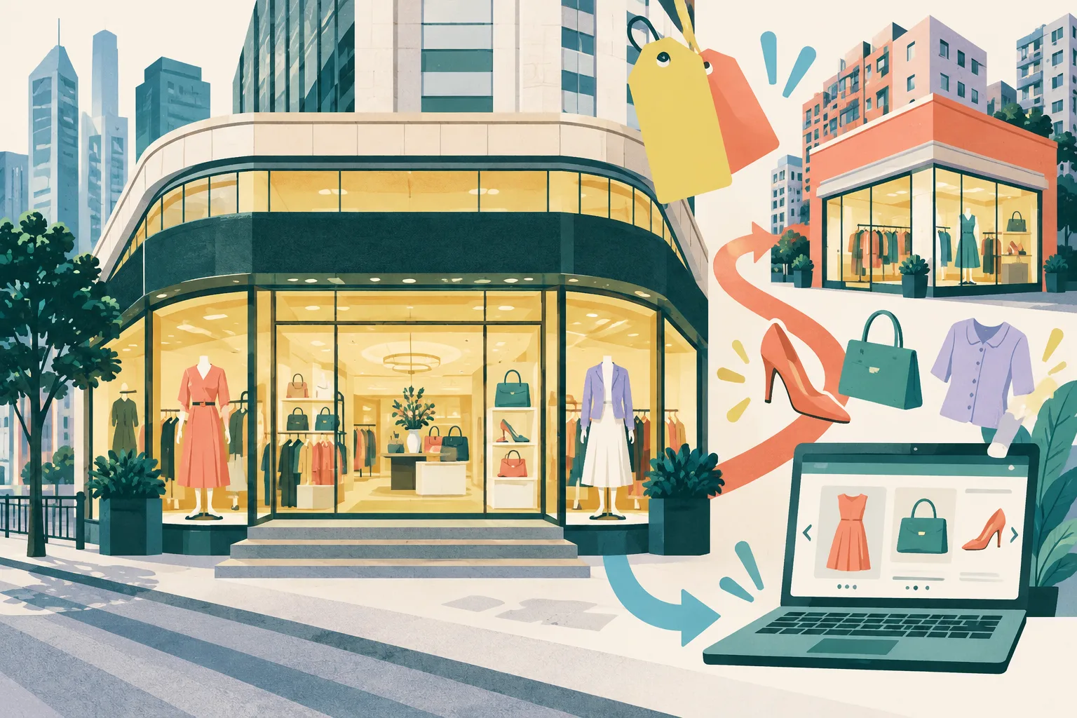 A cut-paper illustration of a one-floor department-store facade in a dense Central streetscape, surrounded by unlettered sale tags and simple clothing, shoe and handbag shapes. A branching graphic route leads toward a smaller store block and a laptop panel, suggesting continuing retail operations in