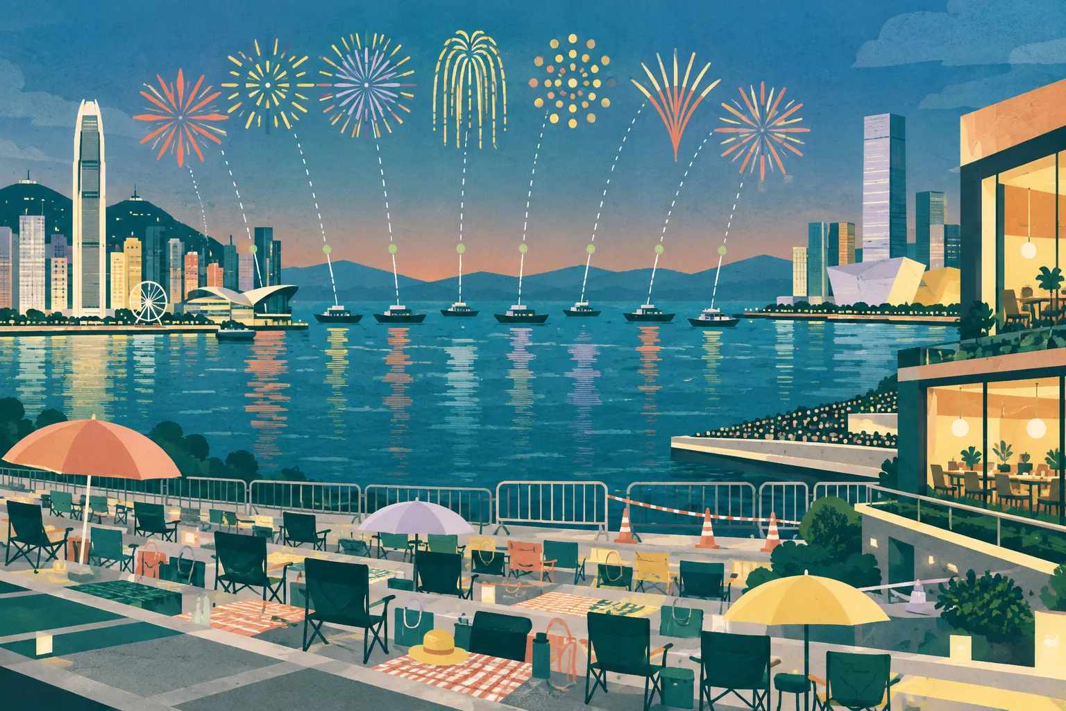 A cut-paper style dusk view of Victoria Harbour with simplified Tsim Sha Tsui and West Kowloon waterfront buildings, layered viewing areas, small chairs and umbrellas, nine harbour launch markers, geometric fireworks arcs, and a warm restaurant window block.