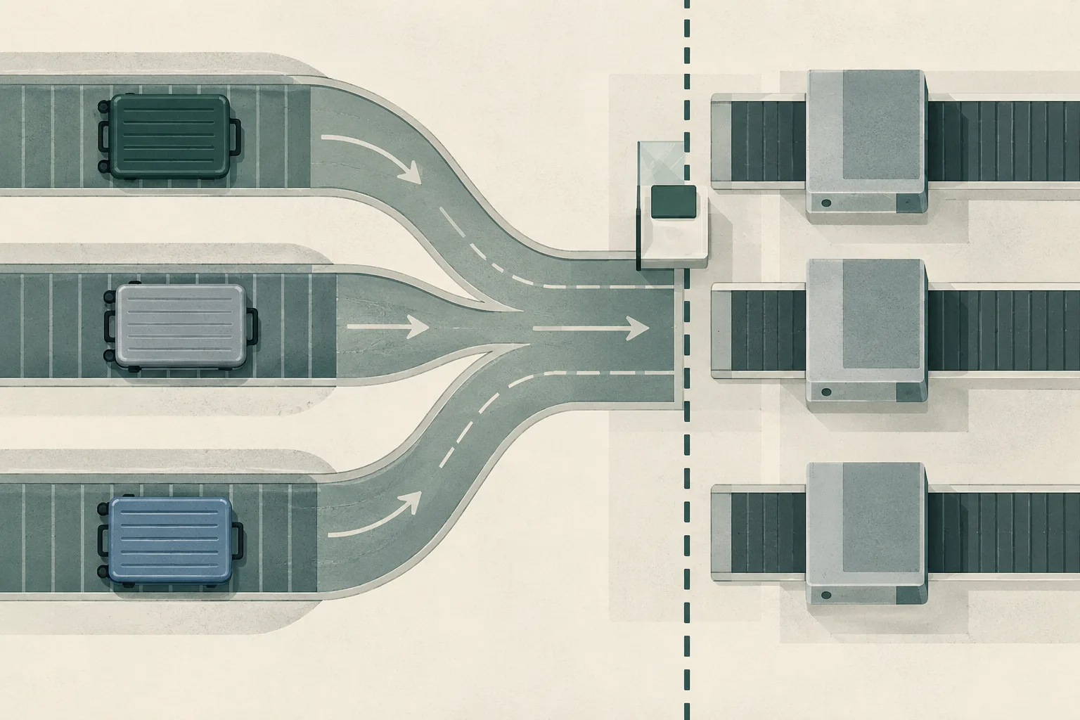 Top-down editorial illustration of three unmarked suitcases paused at separate checkpoints on a simplified airport baggage-routing grid, with converging arrival lines and a neutral customs inspection boundary.