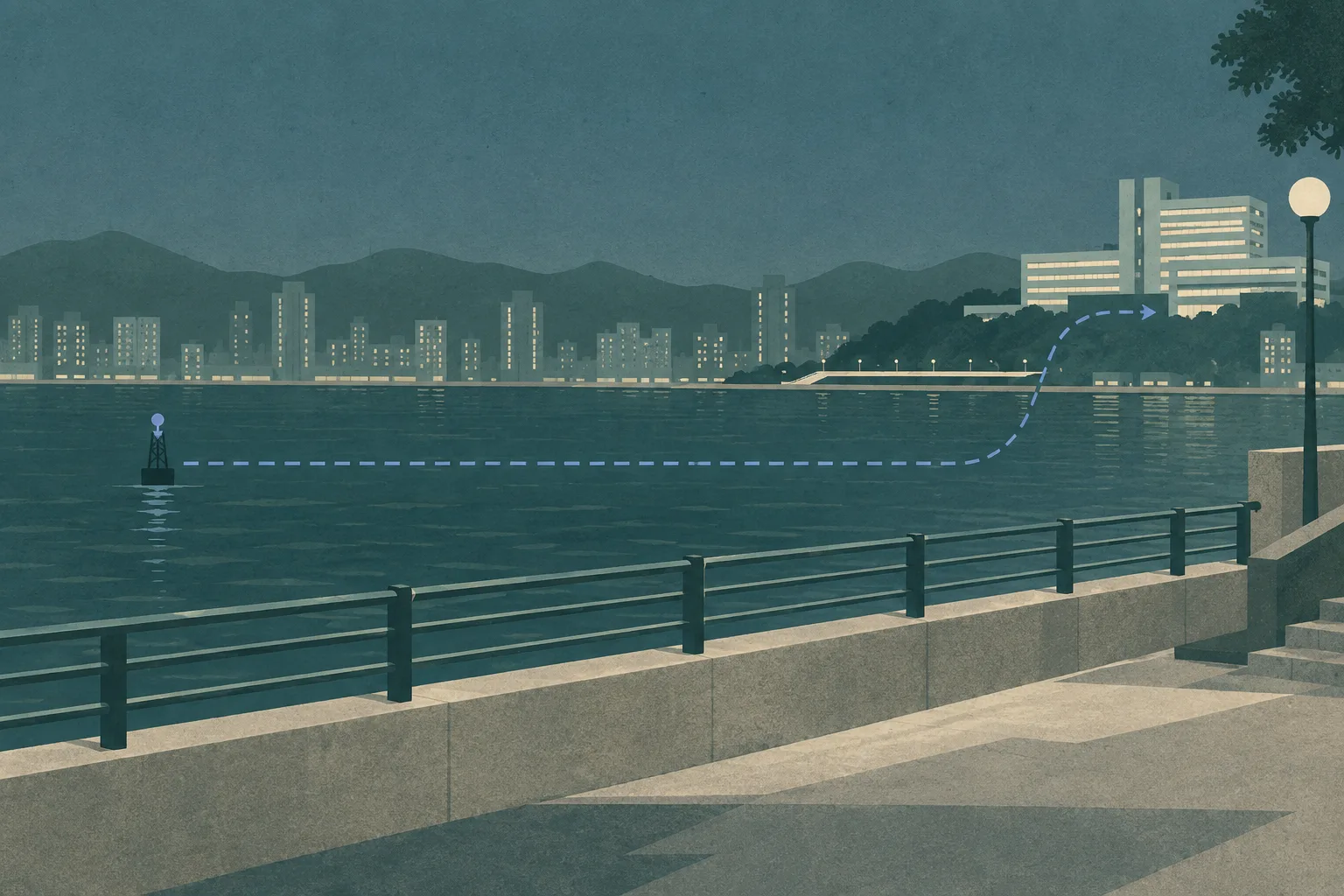A quiet cut-paper illustration of an empty waterfront promenade beside dark blue sea, with a small offshore distance marker and a distant simplified hospital building connected by a subtle route line.