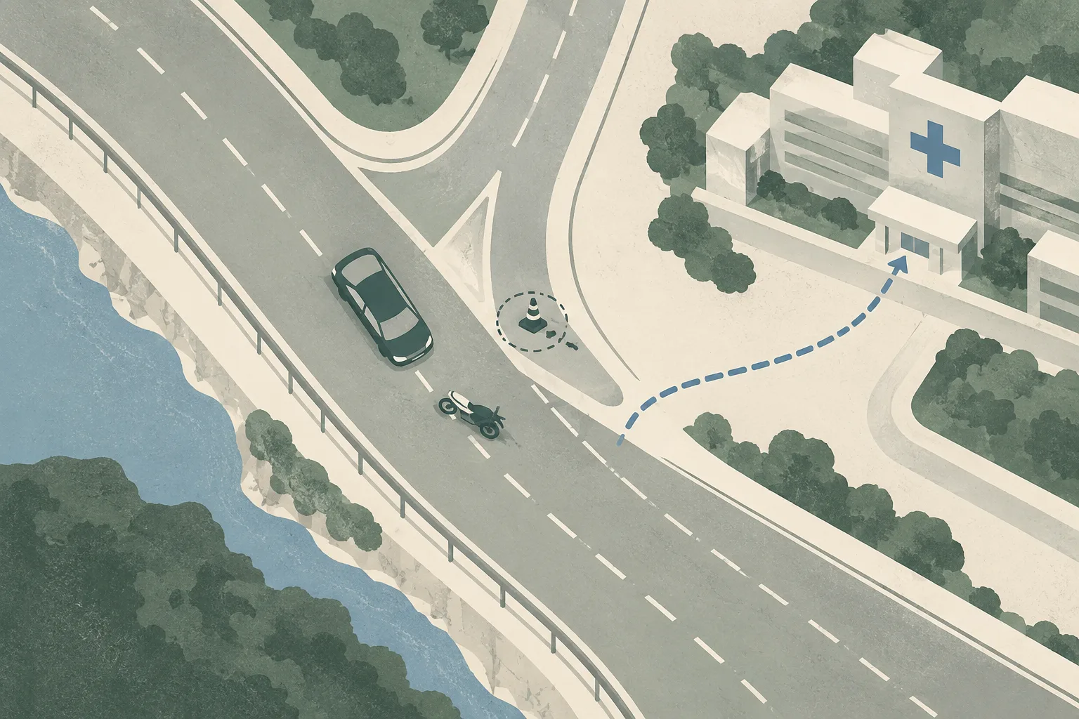 Top-down cut-paper illustration of a disrupted road junction with simplified car and motorcycle shapes, a restrained route line toward a hospital block, and a small investigation marker.