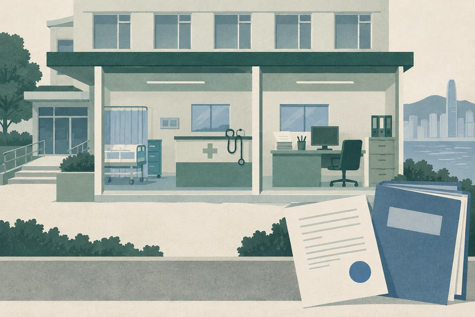 Flat cut-paper illustration of an elderly care home divided into nursing and clerical areas, with a stethoscope set beside a desk and a regulatory notice with an inspection folder outside the building.