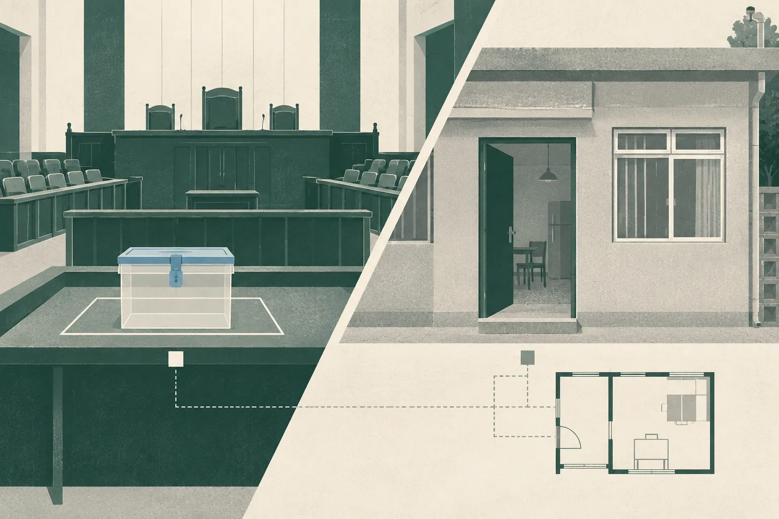 A quiet cut-paper collage shows an empty high court interior beside a simplified village-unit facade, connected by measured lines to an unmarked sealed exhibit container in a separate evidence area.