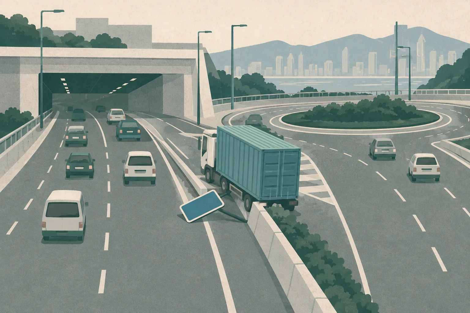 A flat cut-paper illustration of a container truck beside a central road divider at a tunnel exit, with a displaced traffic sign, a roundabout, and one closed lane amid busy but orderly traffic.
