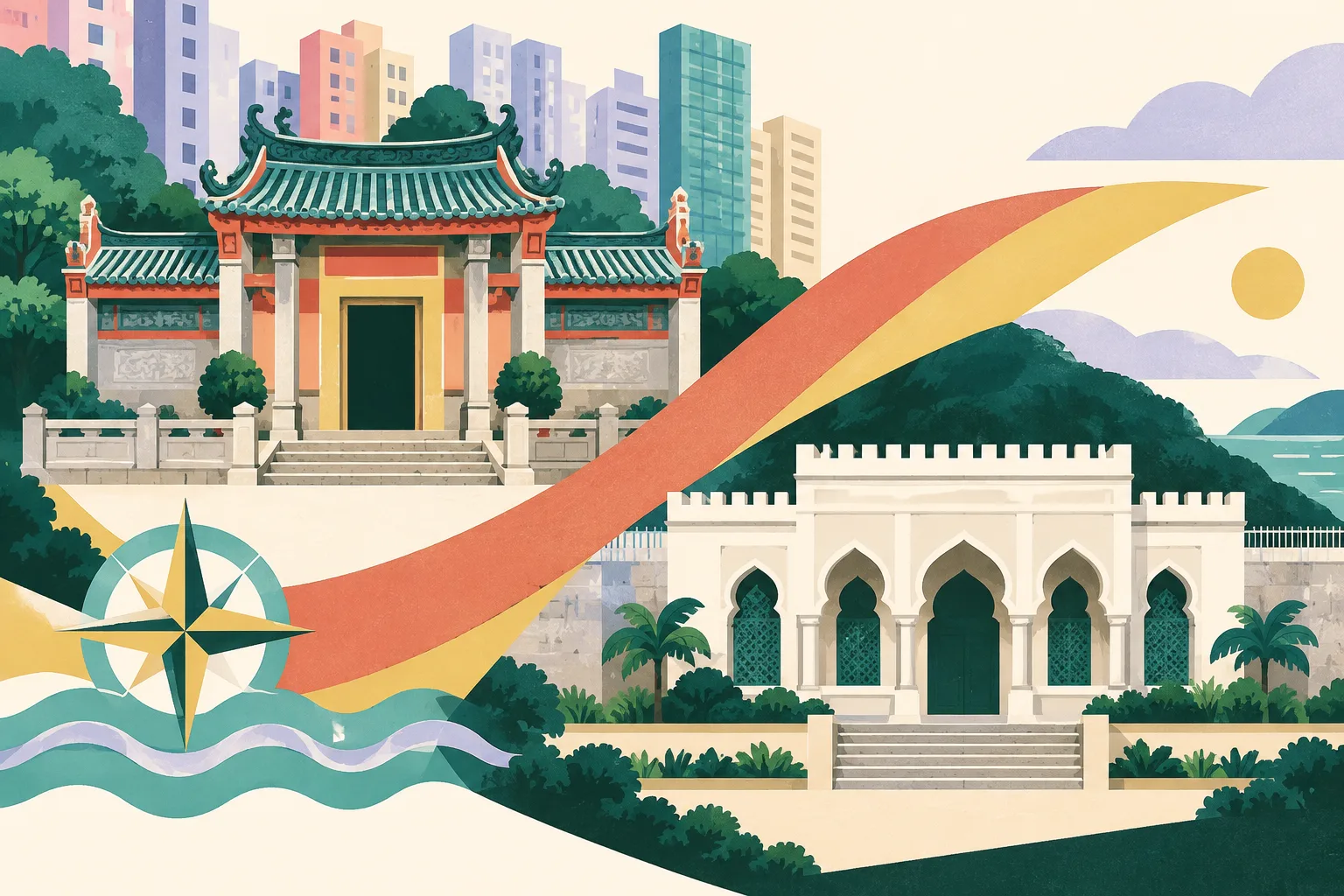 A cut-paper architectural collage shows a traditional Lingnan temple facade and a symmetrical mosque facade as separate Hong Kong heritage landmarks, with abstract maritime shapes near the temple and a restrained compound wall behind the mosque.