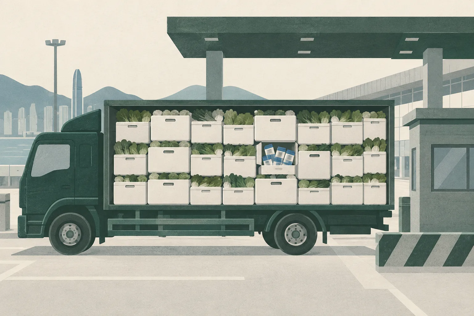 Flat cut-paper illustration of a cargo truck at a border checkpoint, with vegetables and plain cigarette-pack shapes mixed among foam boxes inside the truck.