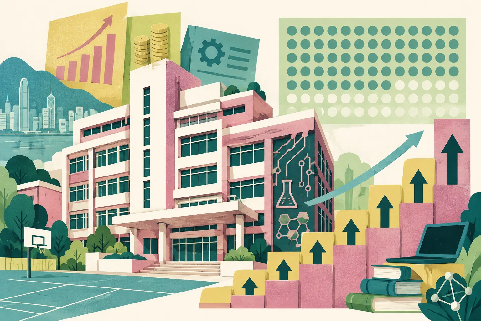 A cut-paper illustration of a generic Hong Kong secondary-school building beside an uneven rising staircase of fee blocks, a grid showing 48 highlighted markers out of 78, and small abstract technology motifs.