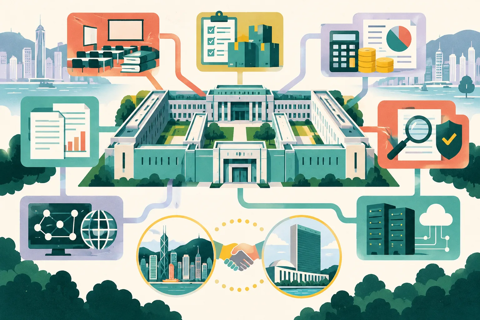 A cut-paper illustration of a simplified secure institutional complex linked to colourful modular panels for training, financial controls, reporting, oversight and technology, suggesting an international prison risk-management framework.