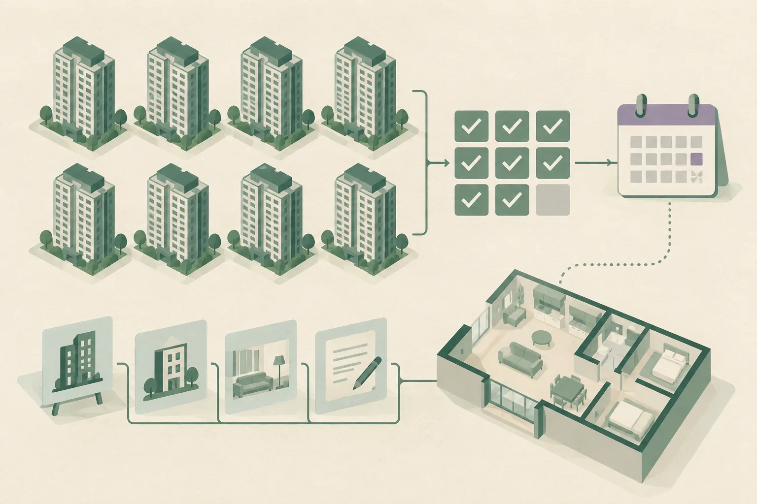 A top-down cut-paper diagram of eight simplified apartment blocks beside orderly agreement tiles, a calendar marker, a small floor plan and information cards, using muted ochre with mineral blue, dusty teal and soft gray accents.