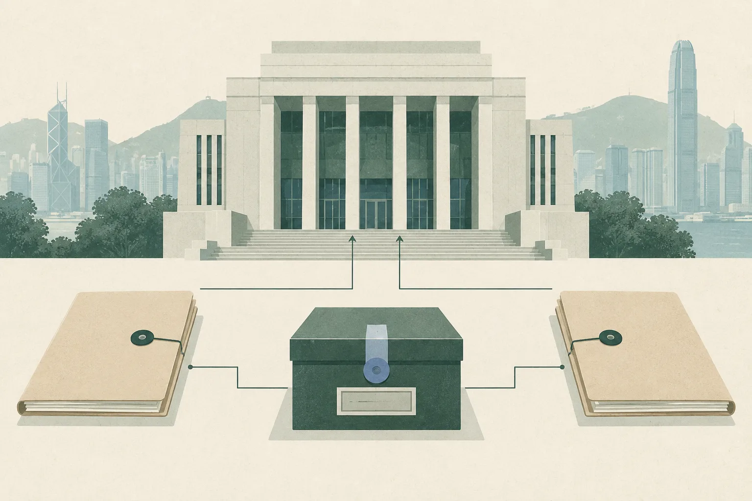 A flat cut-paper illustration shows a simplified civic courthouse façade behind two separate sealed legal folders, with a closed asset archive box and fine connecting lines arranged in a calm architectural composition.